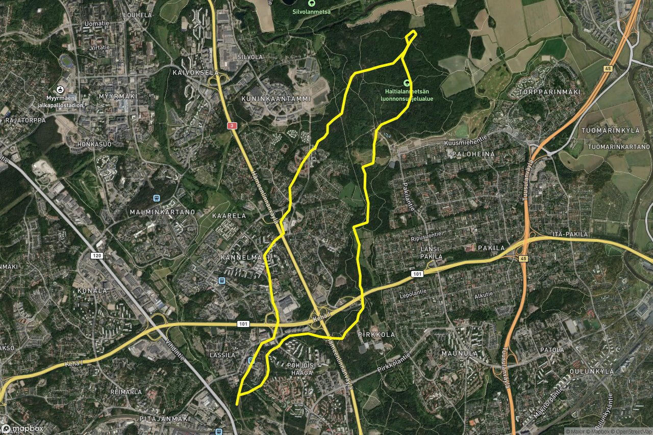 Kantelettarentie – Kaupintie 15 km loop seen over 3D terrain