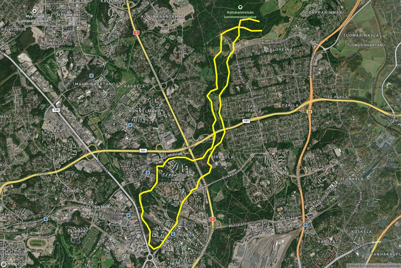 Maiju Lassilan tie – Hiirenportaanpolku 16 km loop seen over 3D terrain