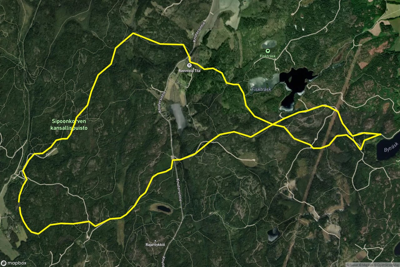 Mäntykorvenkuja – Kalkkiuunintie 16 km loop seen over 3D terrain
