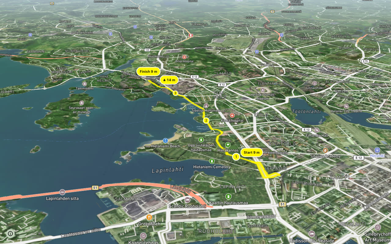 Munkkiniemenbaana seen over 3D terrain