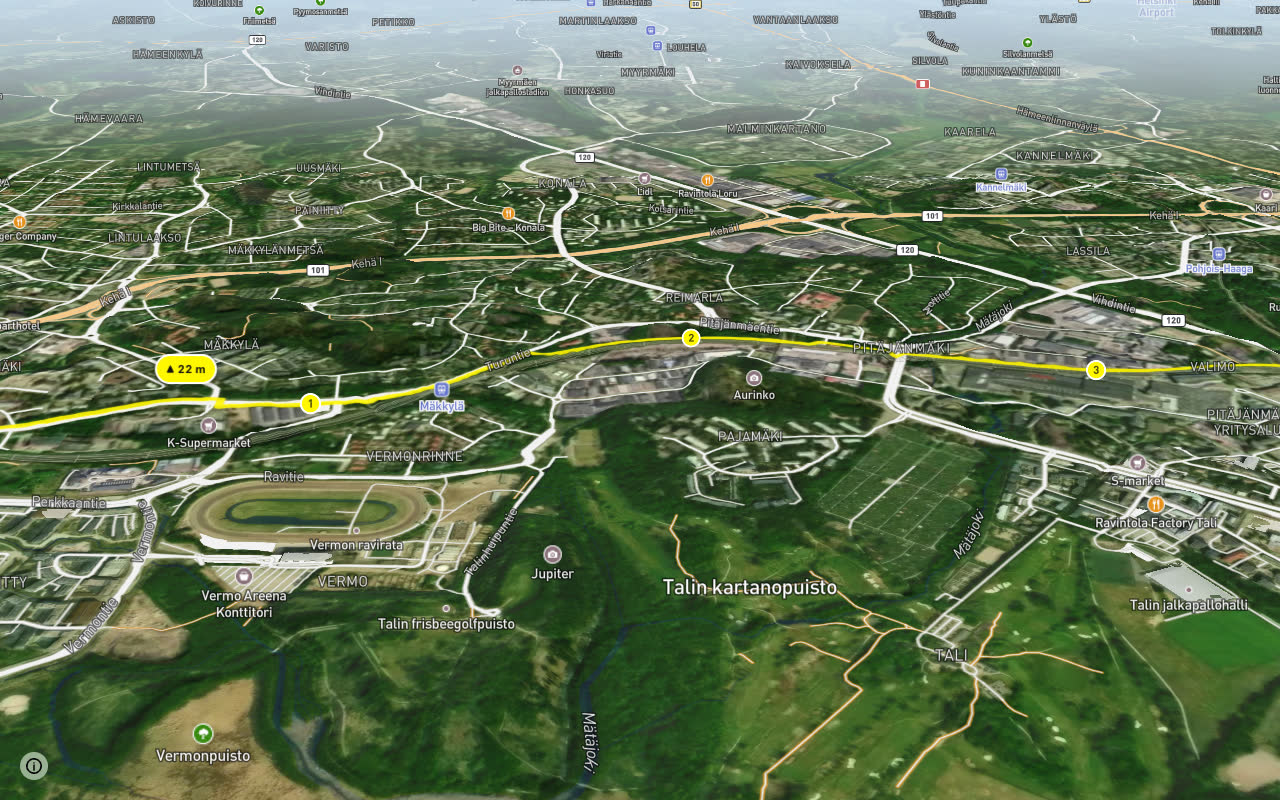 Pitäjänmäenbaana seen over 3D terrain