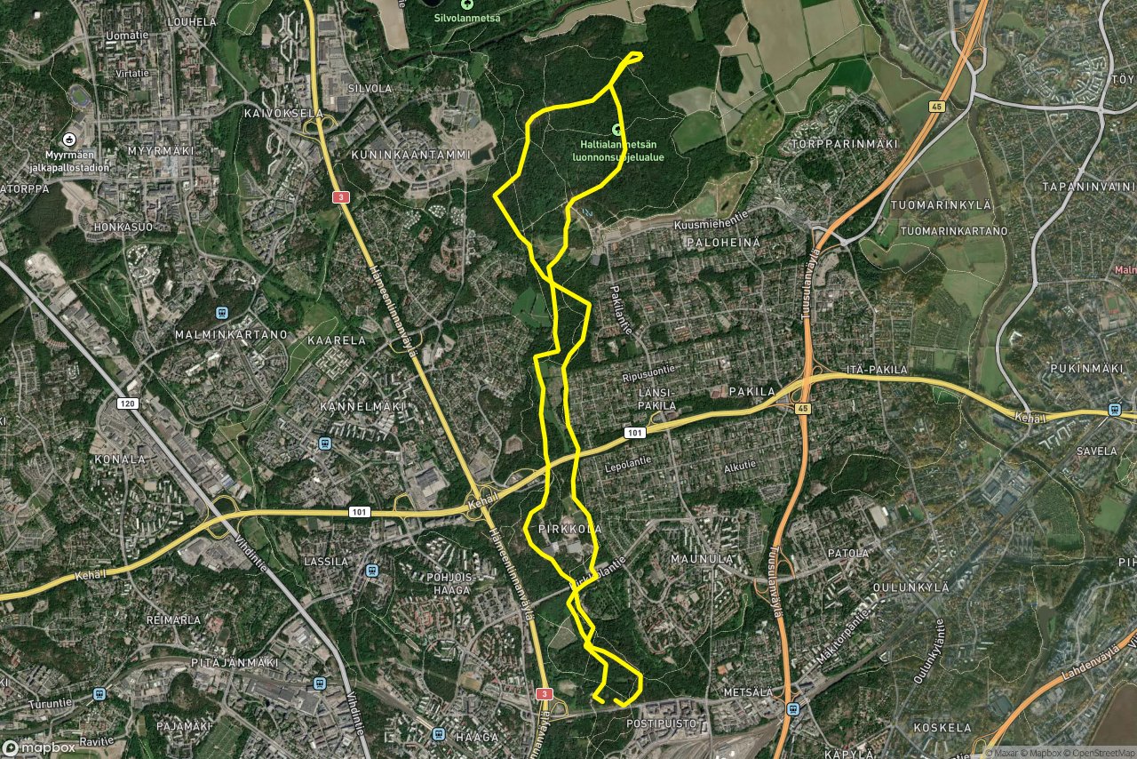 Pitkäkoskentaival – Hiirenportaanpolku 15 km loop seen over 3D terrain