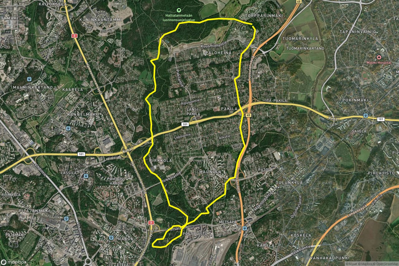 Tuohustie – Mombergintie 16 km loop seen over 3D terrain
