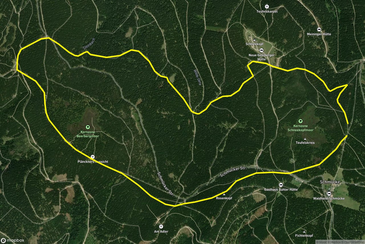 Rennsteig – Alter Schmückerweg 8 km loop seen over 3D terrain