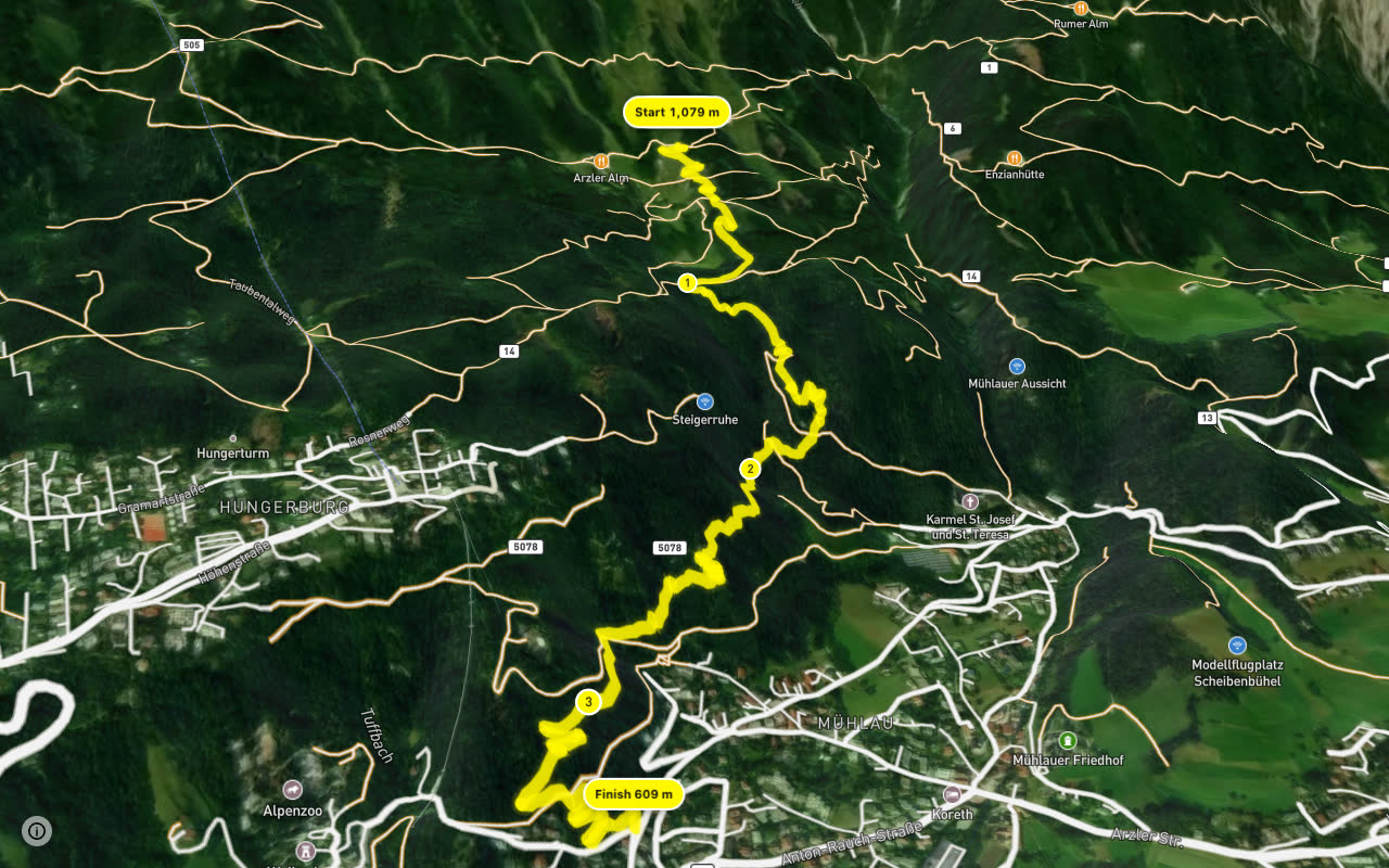 Arzler Alm Trail seen over 3D terrain