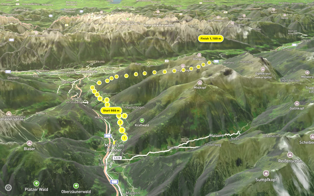 Bike Trail Tirol Etappe 21: Windegg - Matrei seen over 3D terrain