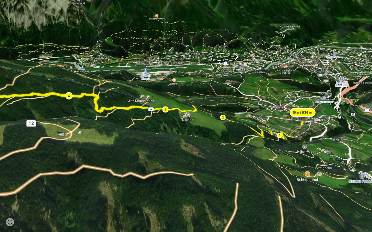 Bike Trail Tirol Etappe 23: Mieders - Mutters seen over 3D terrain