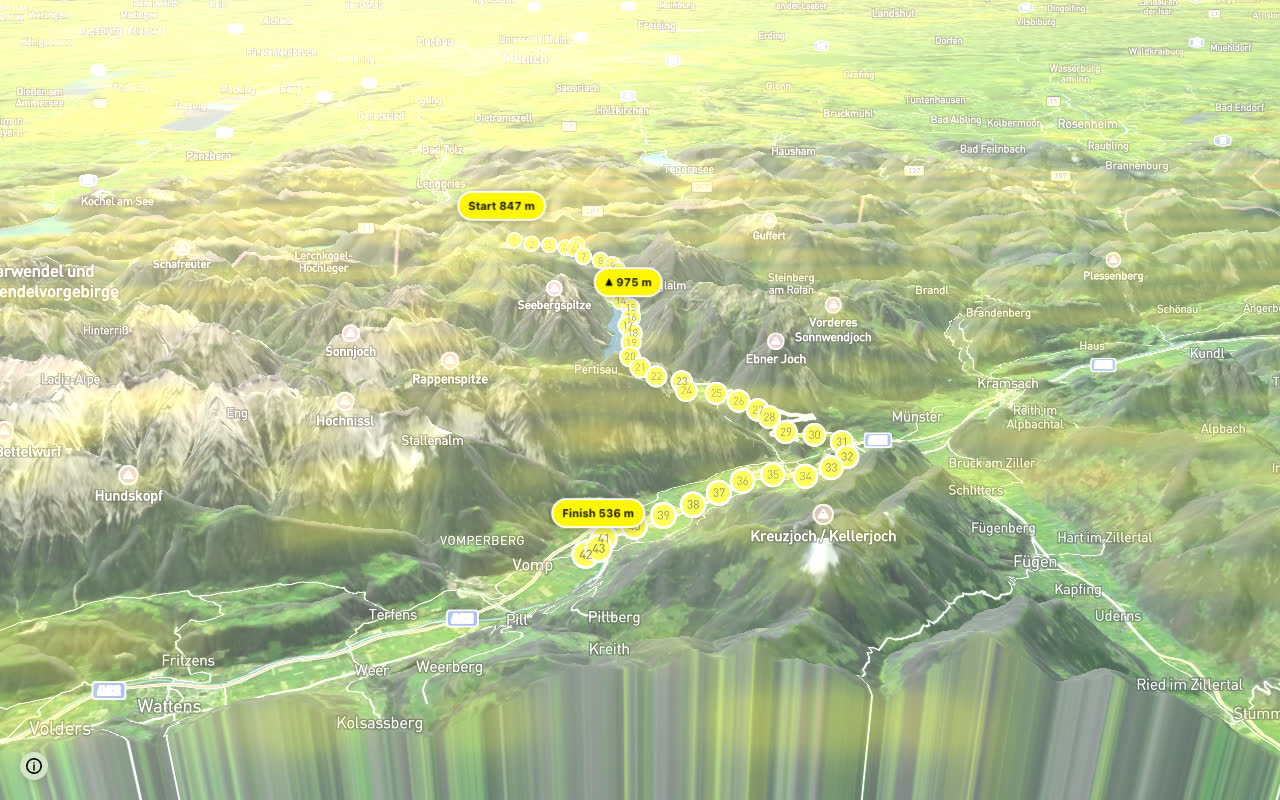 Munich-Venice - part Austria seen over 3D terrain