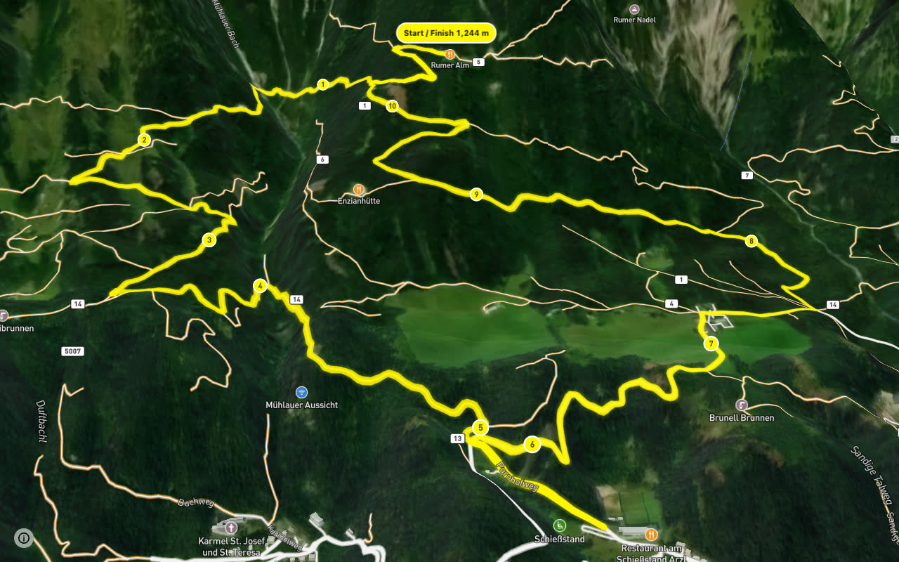 Rundroute Rumer Alm seen over 3D terrain