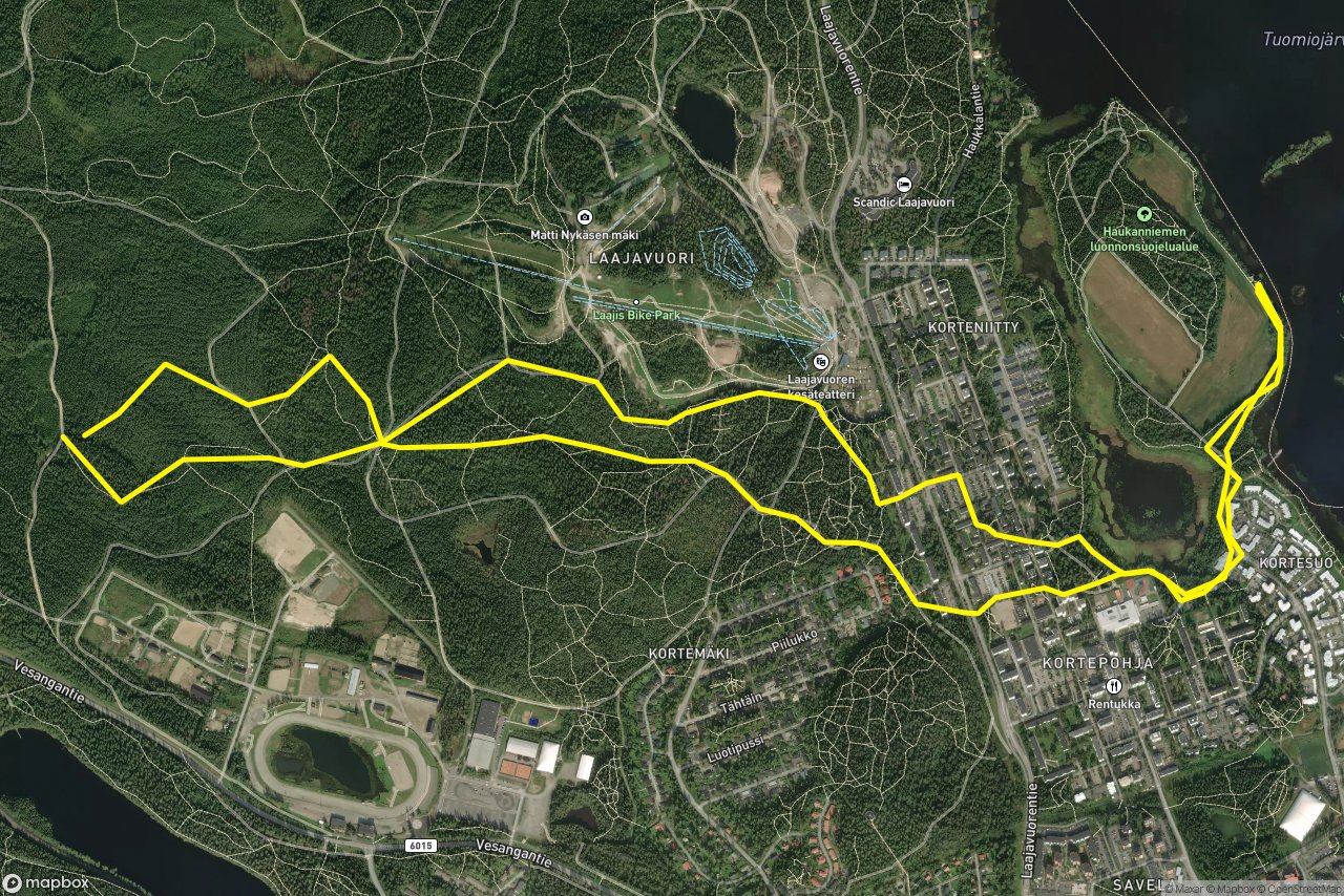 Kartanonkuja – Laajavuoren luontopolku. 10 km loop seen over 3D terrain