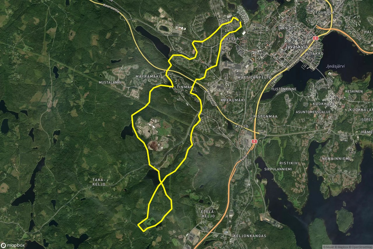 Kauramäki-Ladun maja siirtymälatu – Lepotöyryntie 22 km loop seen over 3D terrain