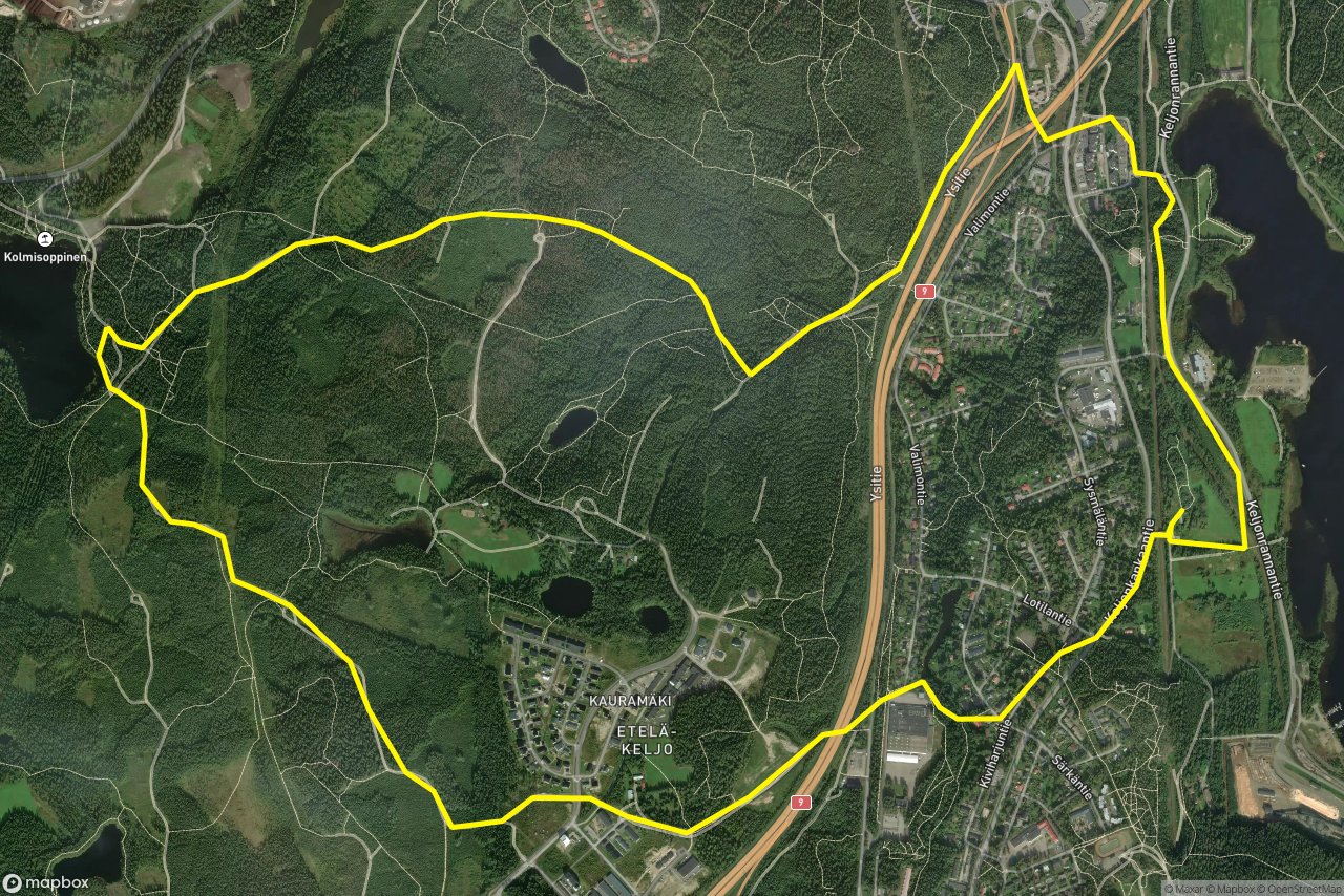 Kauramäki-Ladun maja siirtymälatu – Pikkukakkonen 10 km loop seen over 3D terrain