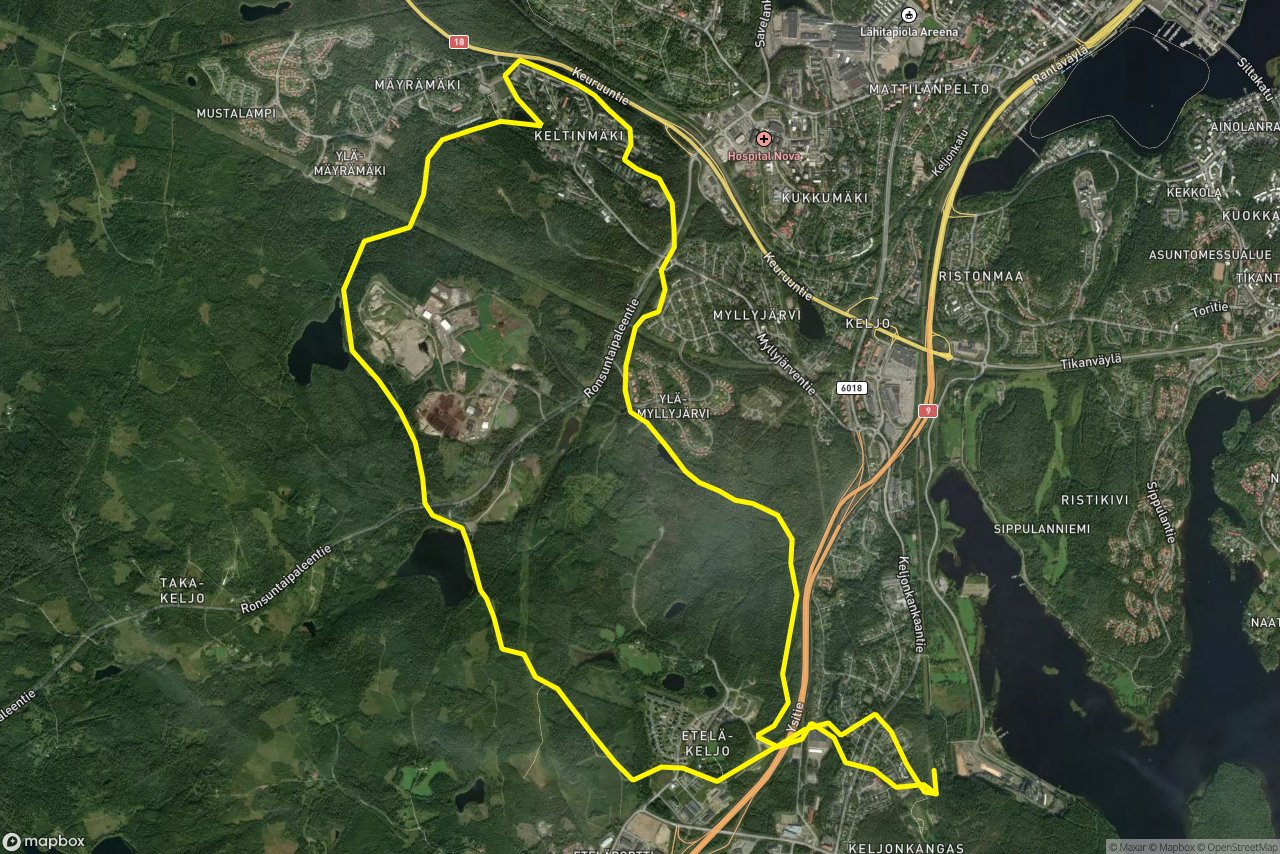 Kauramäki-Ladun maja siirtymälatu – Soratie 18 km loop seen over 3D terrain
