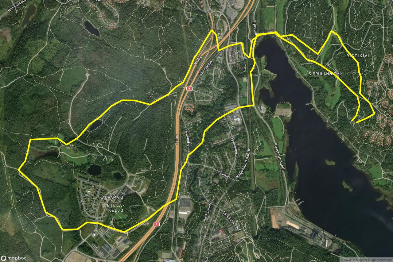 Kauramäki-Ladun maja siirtymälatu – Sysmäläntie 13 km loop seen over 3D terrain