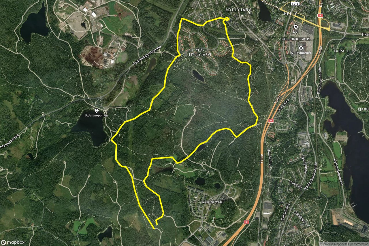 Kauramäki-Ladun maja siirtymälatu – Tuulimyllyntie 10 km loop seen over 3D terrain