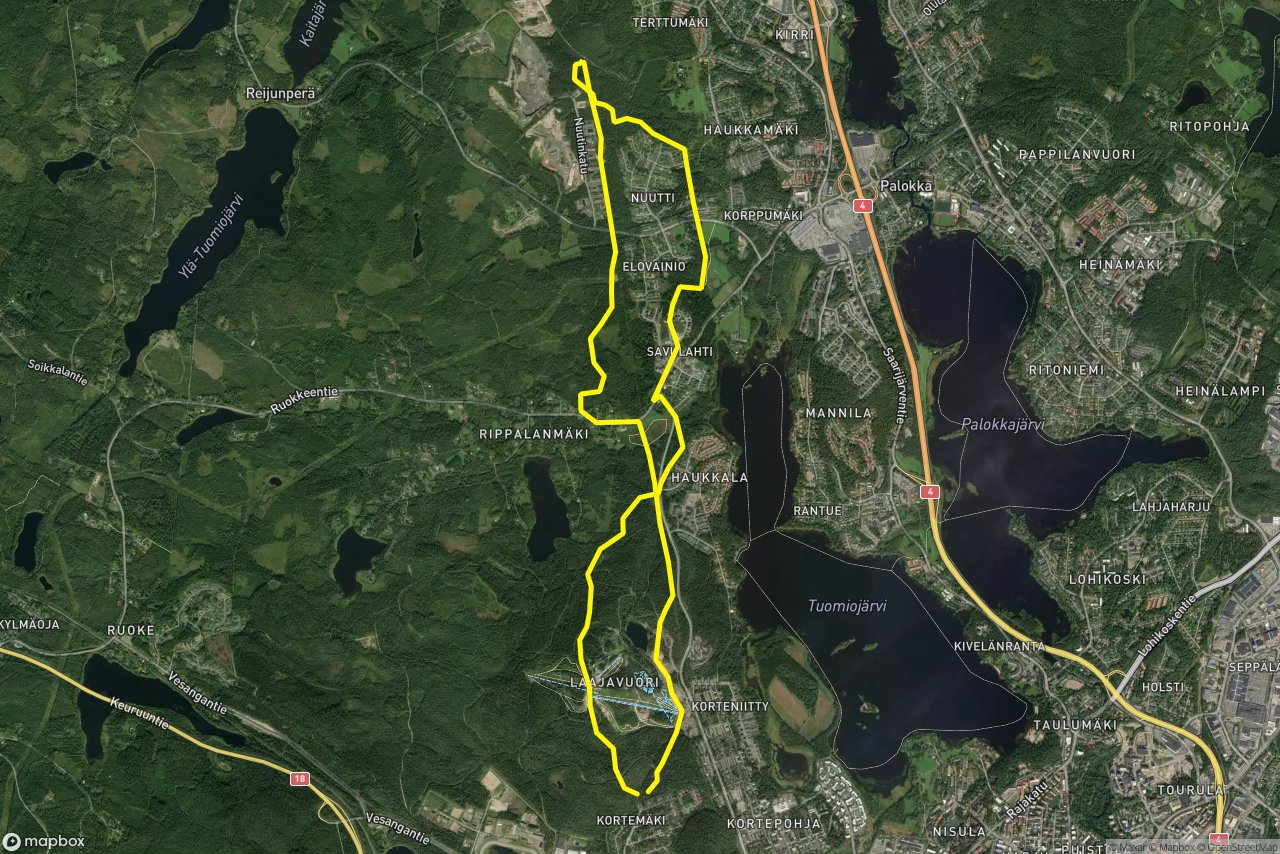Koukkukatu – Liitokuja 14 km loop seen over 3D terrain