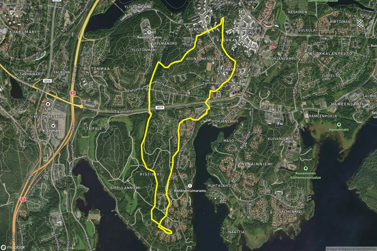 Mesiangervontie – Valssikuja 8 km loop seen over 3D terrain