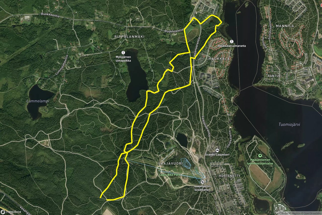Mutkapohja – Laajavuoren luontopolku. 8 km loop seen over 3D terrain