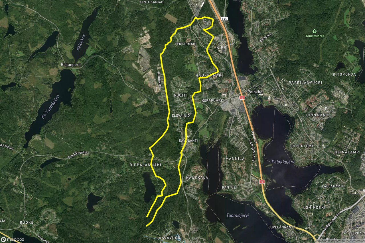 Myllykoskentie – Terttumäentie 15 km loop seen over 3D terrain