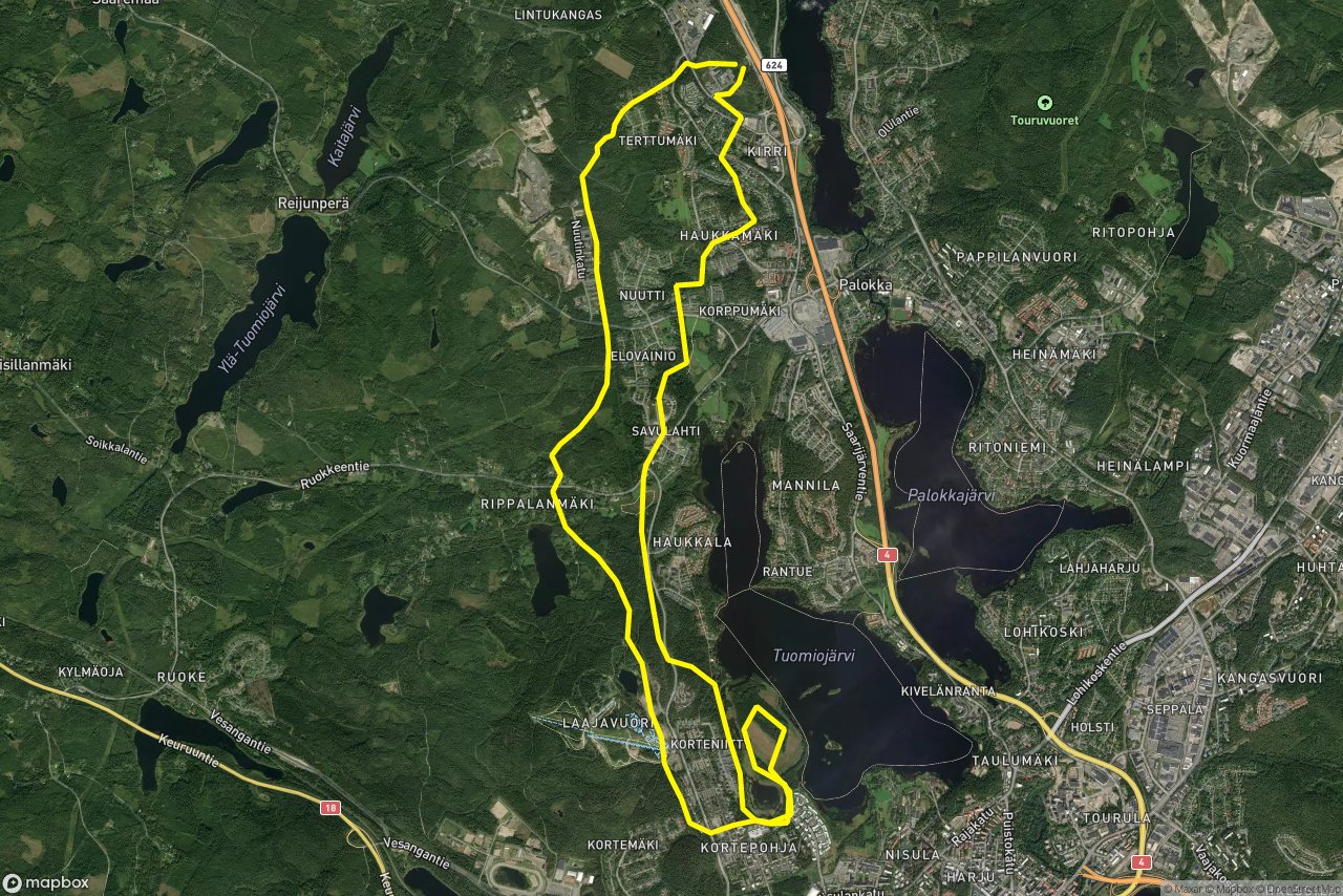 Myllykoskentie – Terttumäentie 21 km loop seen over 3D terrain