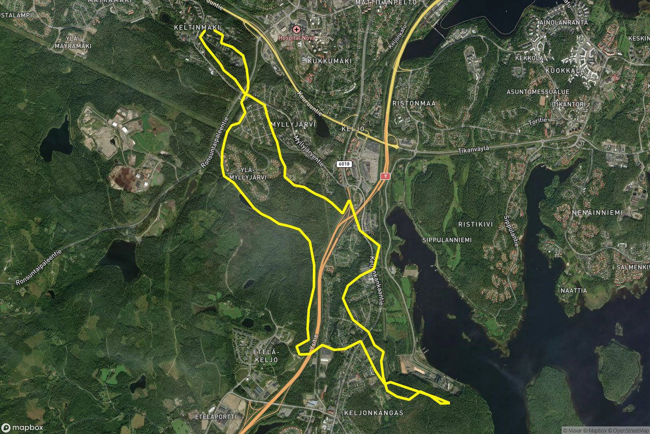 Sysmäläntie – Myllyjärventie 16 km loop seen over 3D terrain