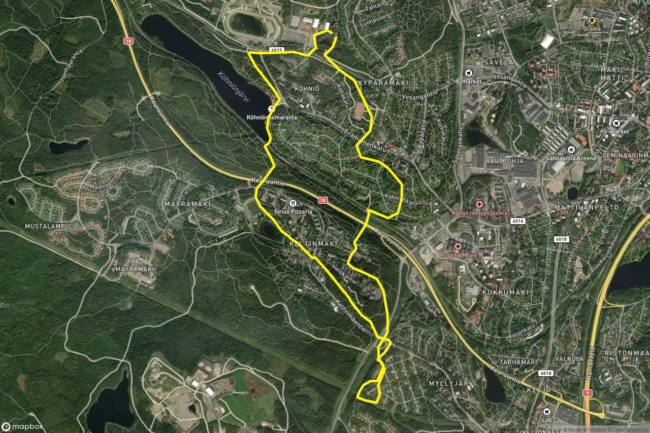 Tuulimyllyntie – Suppilo 10 km loop seen over 3D terrain