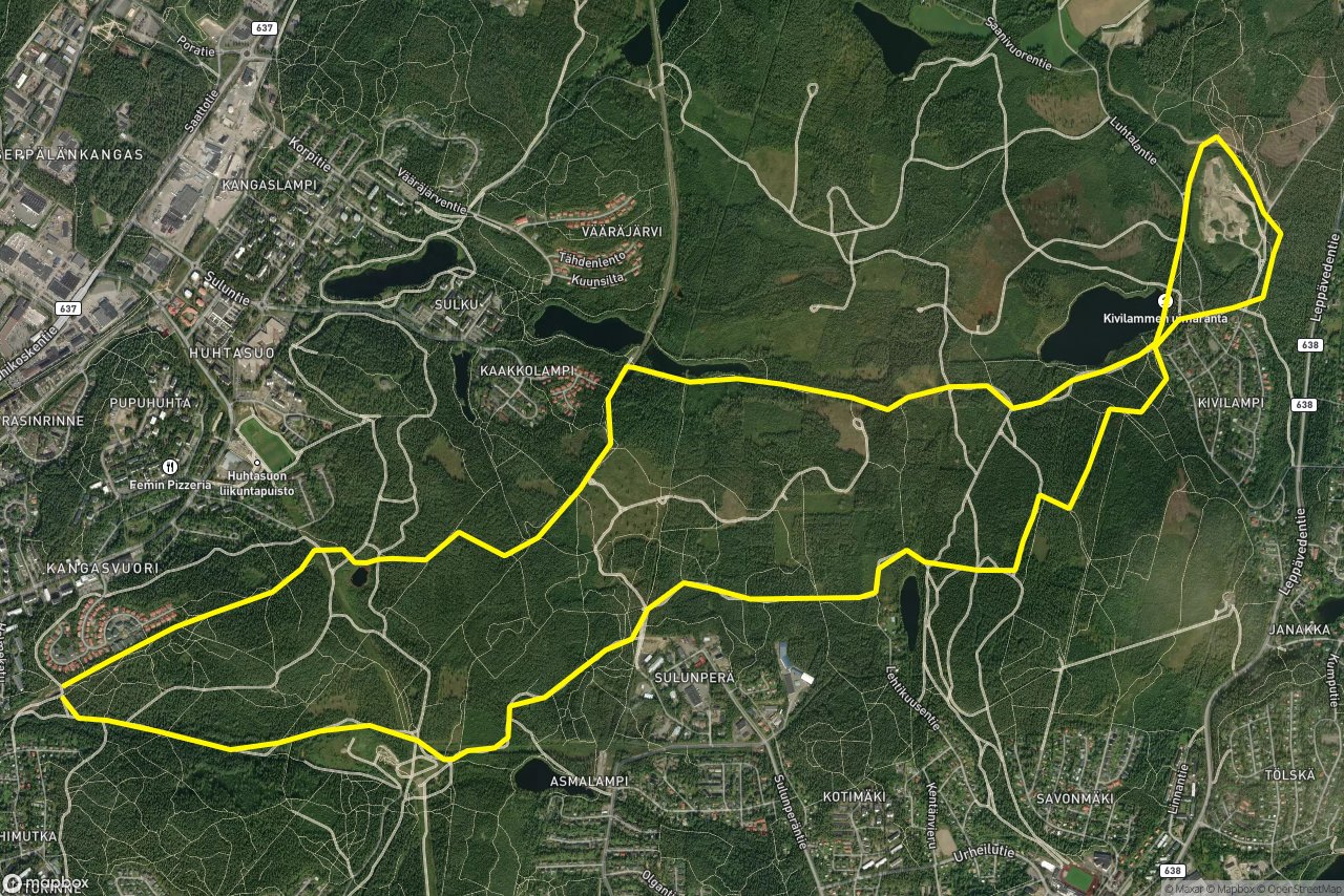 Vääräpolku – Kangasvuoren luontopolku 15 km loop seen over 3D terrain