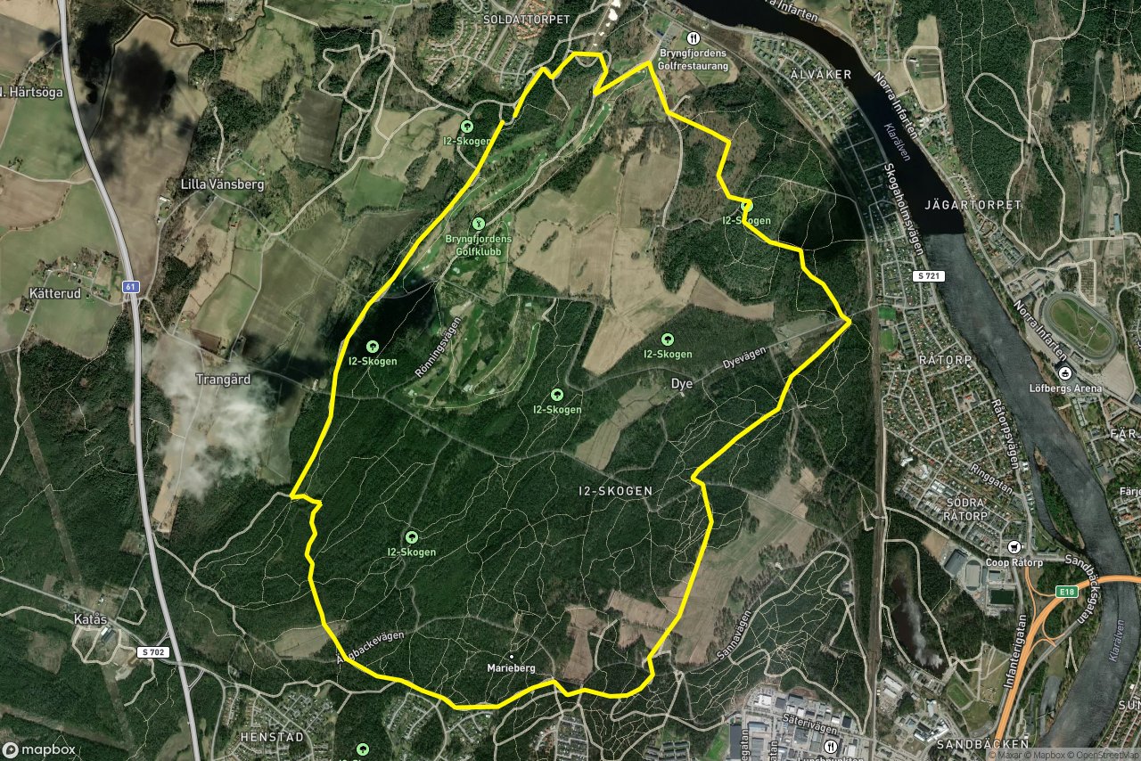 Ängbackevägen – Dyevägen 12 km loop seen over 3D terrain