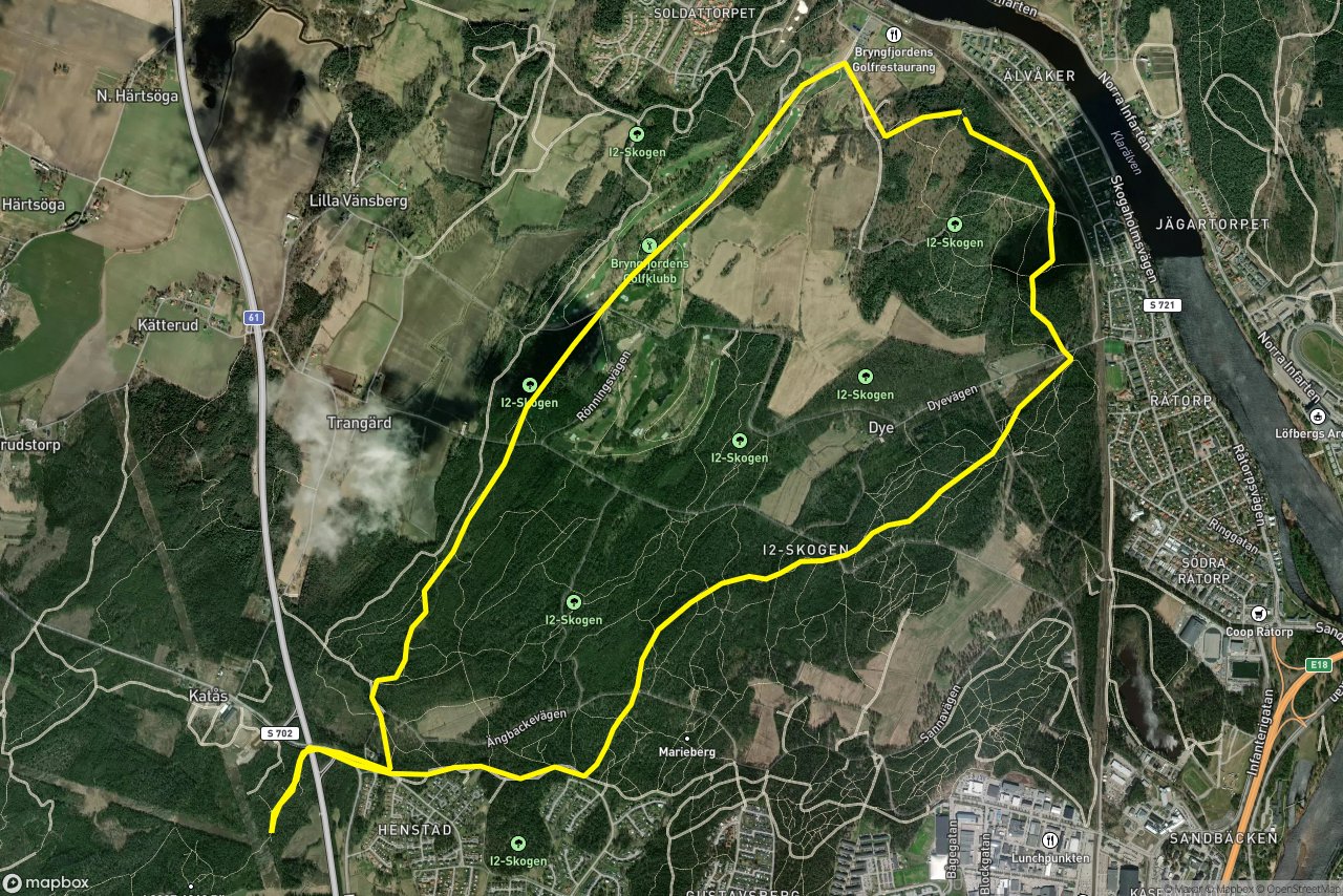 Körkarlsvägen – Mässgatan 13 km loop seen over 3D terrain