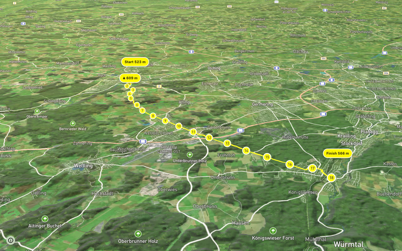 Amper-Würm-Radweg seen over 3D terrain