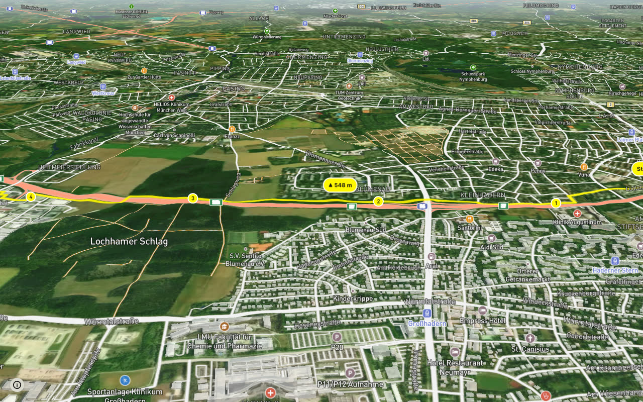 Bavaria-Würm-Radweg (RV10) seen over 3D terrain