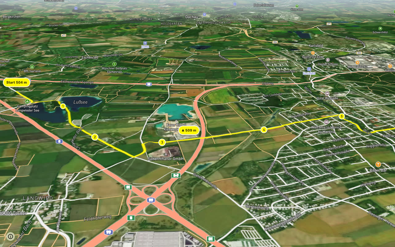 Fahrradhauptroute Allach - Langwieder Seen seen over 3D terrain
