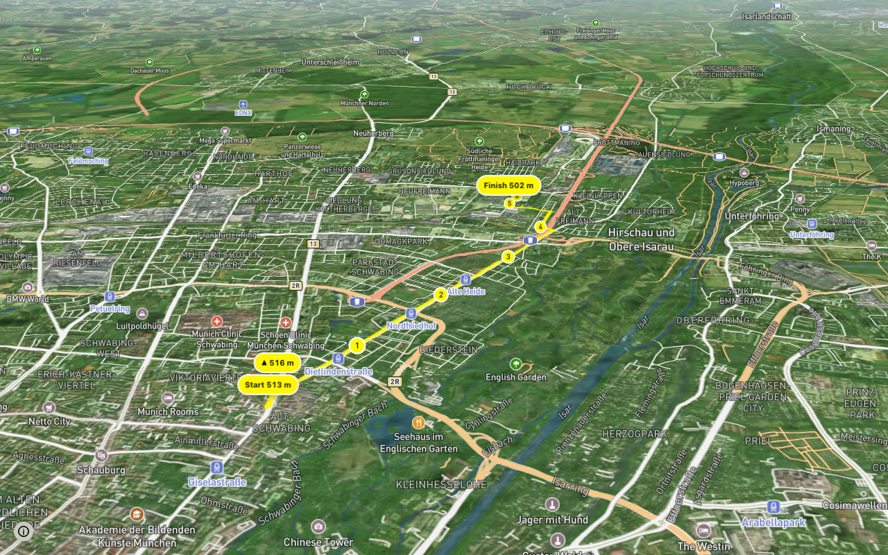 Fahrradhauptroute Arena seen over 3D terrain