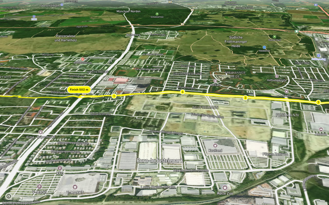 Fahrradhauptroute Arena - Querverbindung Heidemannstraße seen over 3D terrain