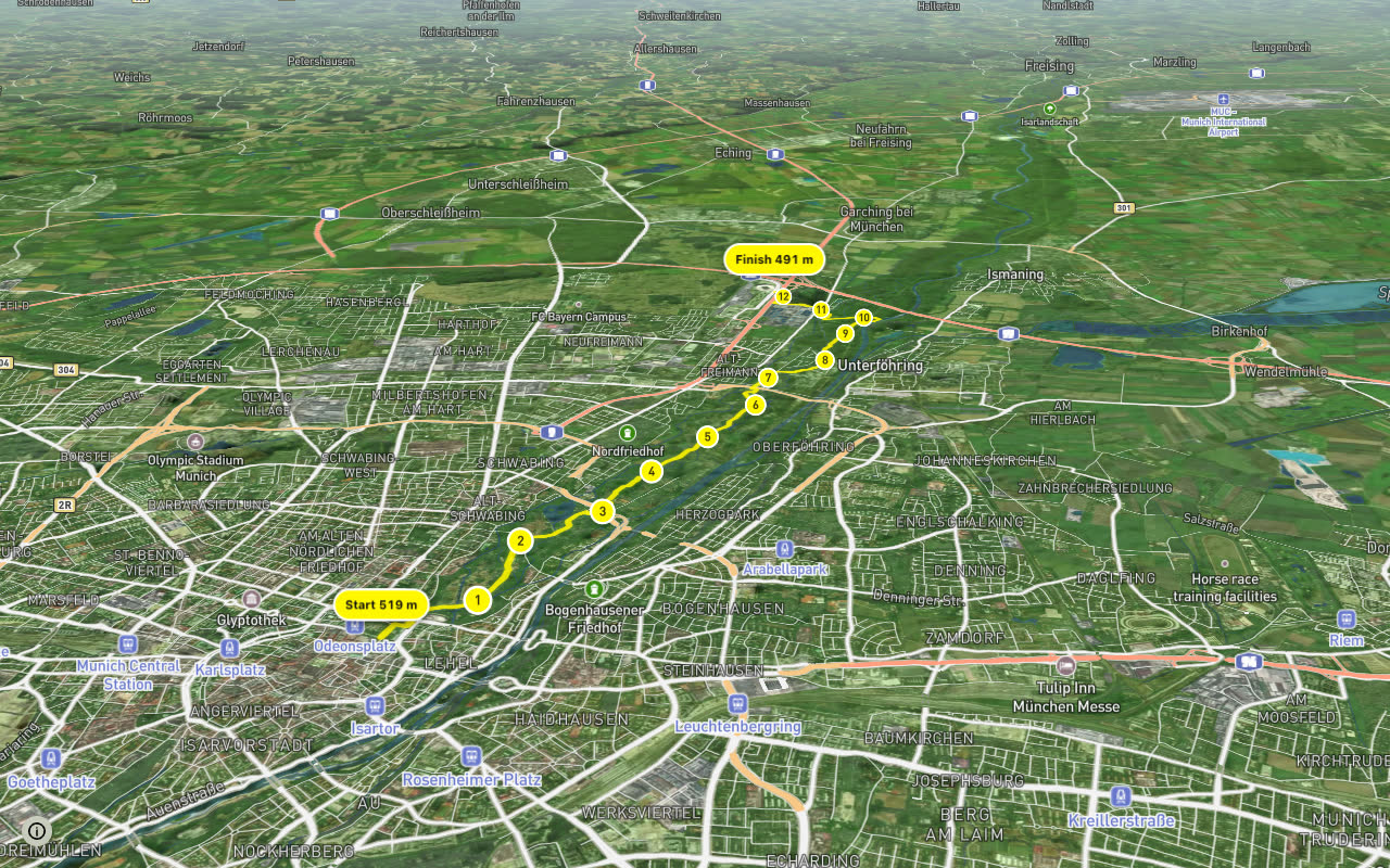 Fahrradhauptroute Arena via Englischer Garten seen over 3D terrain