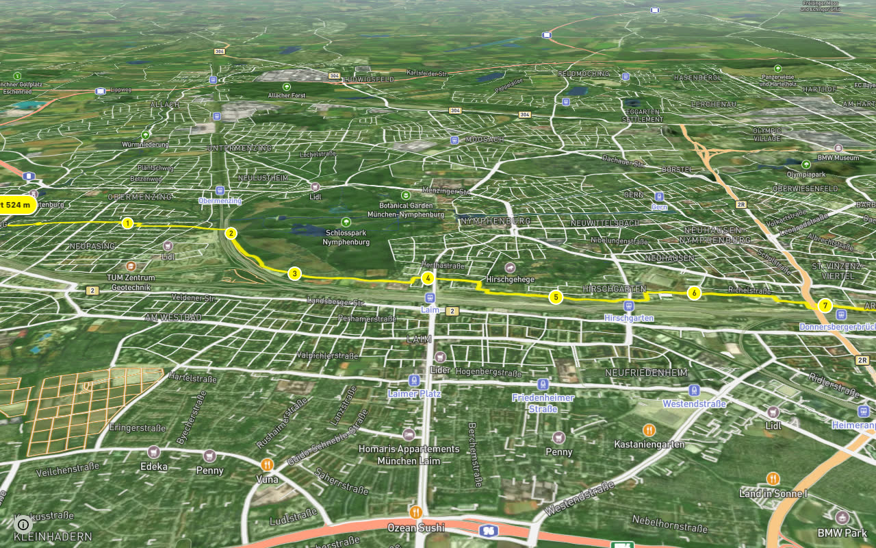 Fahrradhauptroute Hauptbahnhof - Laim - Pasing seen over 3D terrain