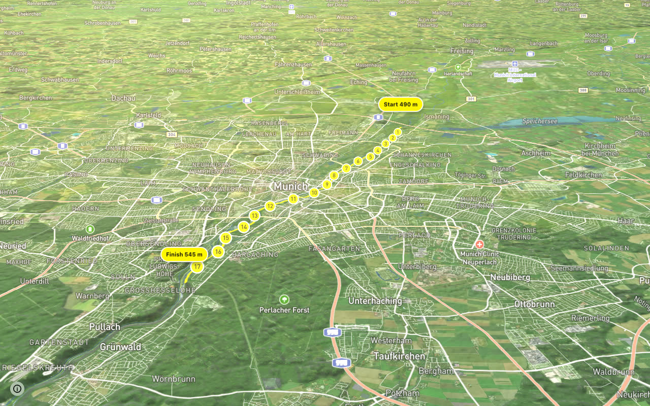 Fahrradhauptroute Isarradweg Ost seen over 3D terrain