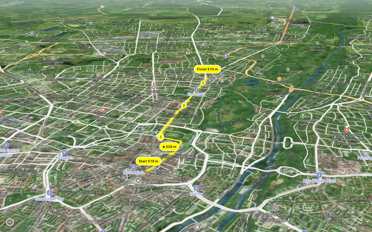 Fahrradhauptroute Münchner Freiheit seen over 3D terrain