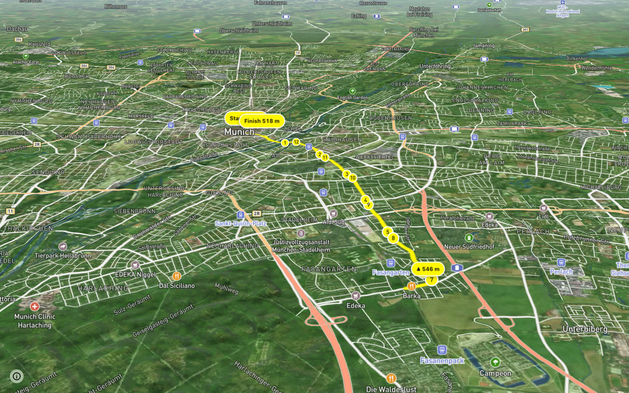 Fahrradhauptroute Marienplatz - Fasangarten seen over 3D terrain