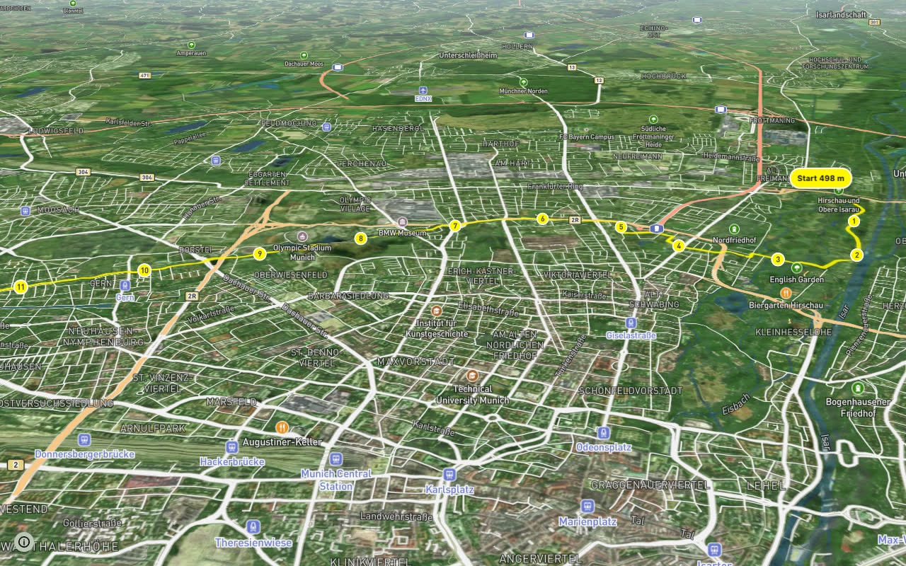 Fahrradhauptroute Nymphenburgradweg seen over 3D terrain