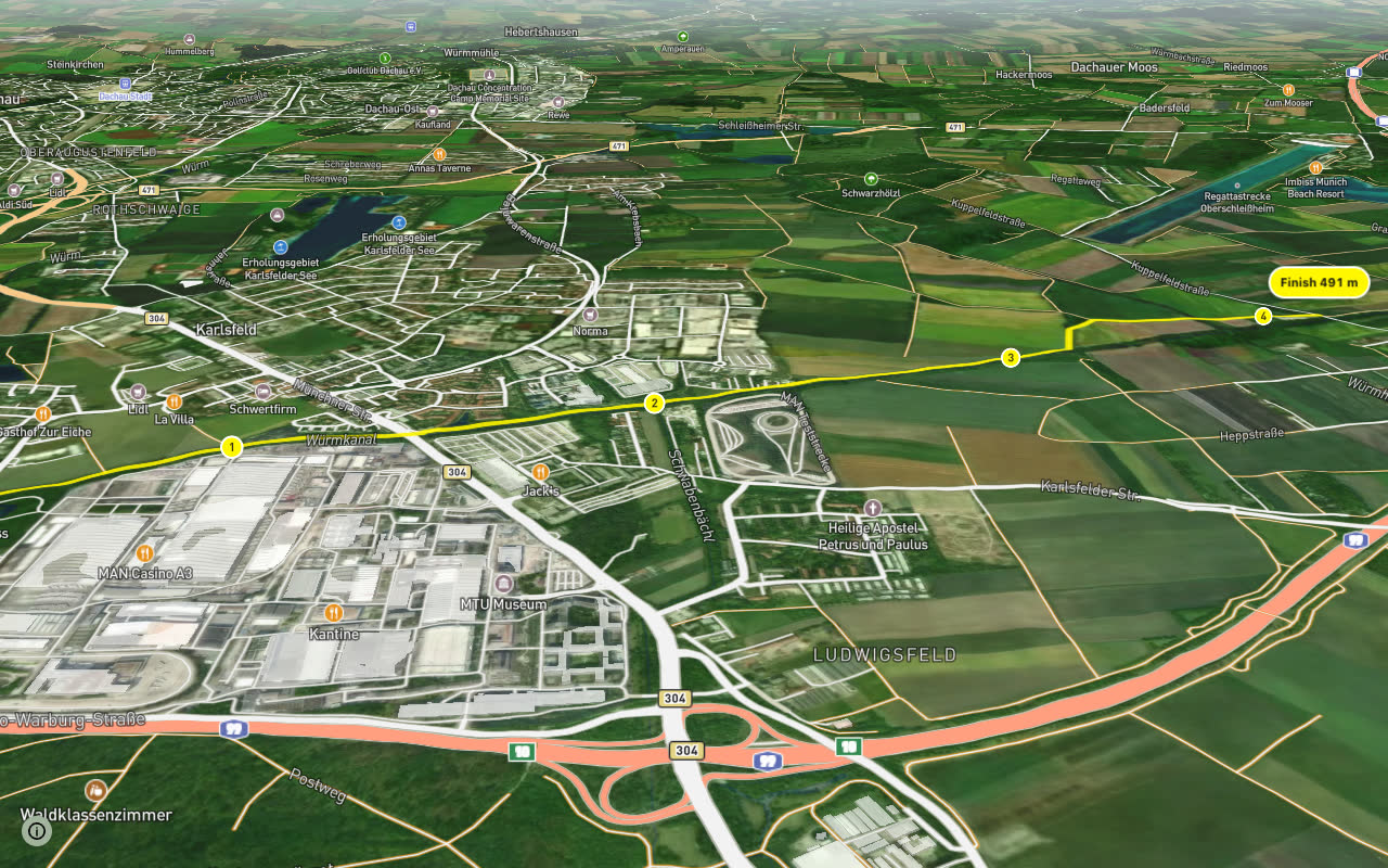 Fahrradhauptroute Querverbindung Würmkanal seen over 3D terrain