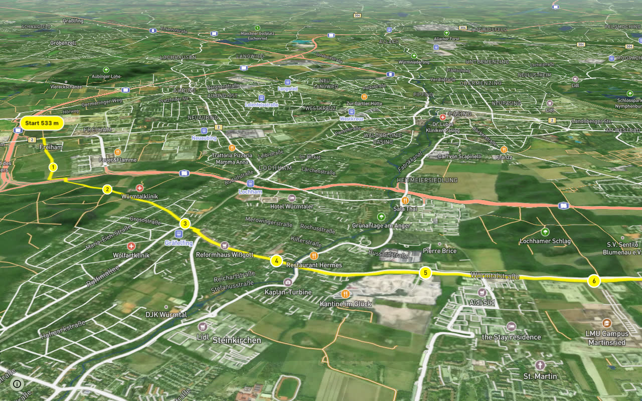 Freiham - Großhadern seen over 3D terrain