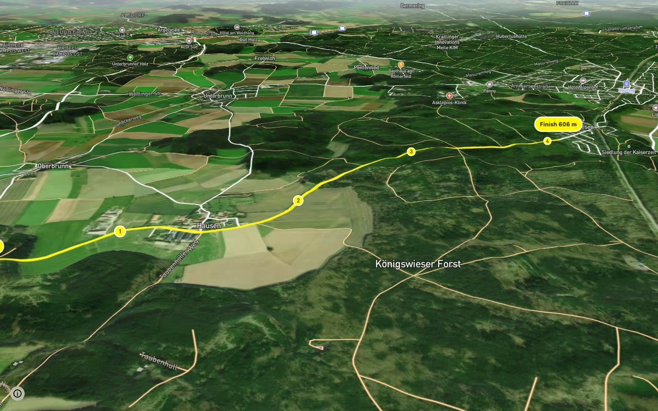 Gauting - Königswiesen - Seefeld seen over 3D terrain