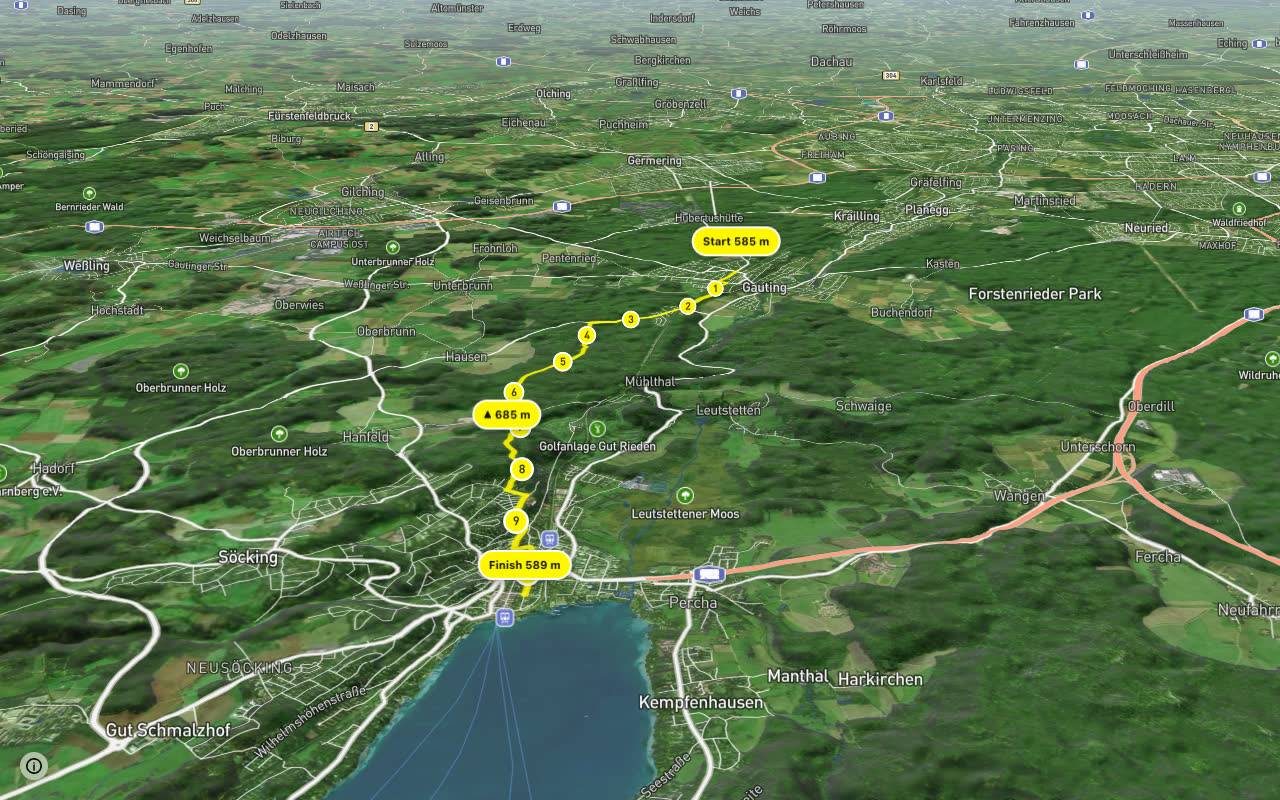 Gauting - Königswiesen - Starnberg seen over 3D terrain