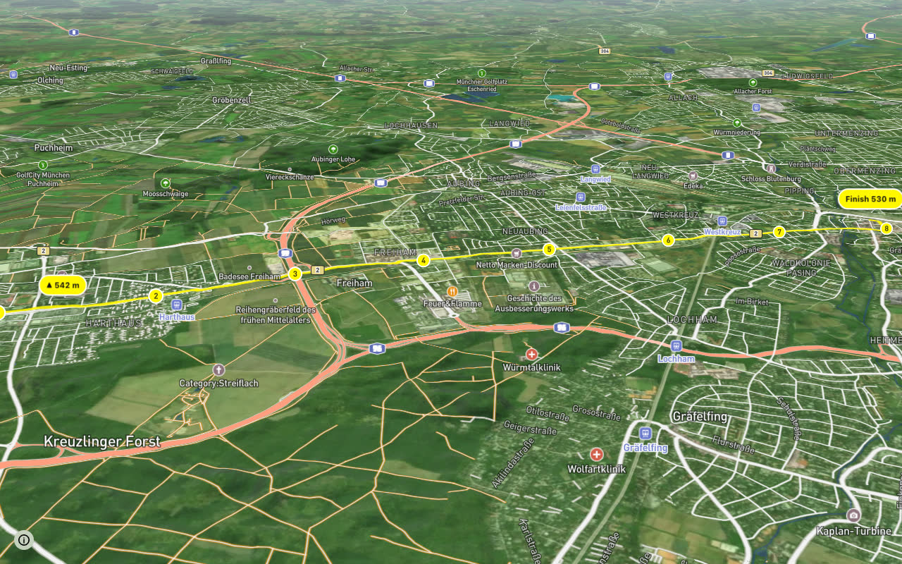 Germering (S) - Pasing Bahnhof (S) seen over 3D terrain