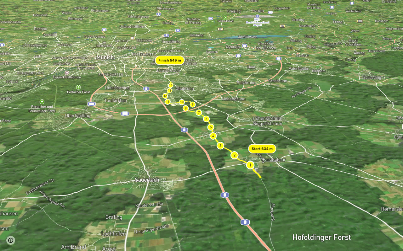 Hofolding - Neubiberg seen over 3D terrain