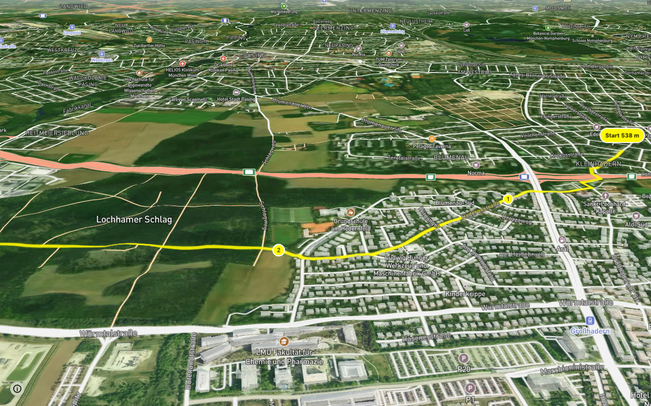 Kleinhadern - Gräfelfing seen over 3D terrain