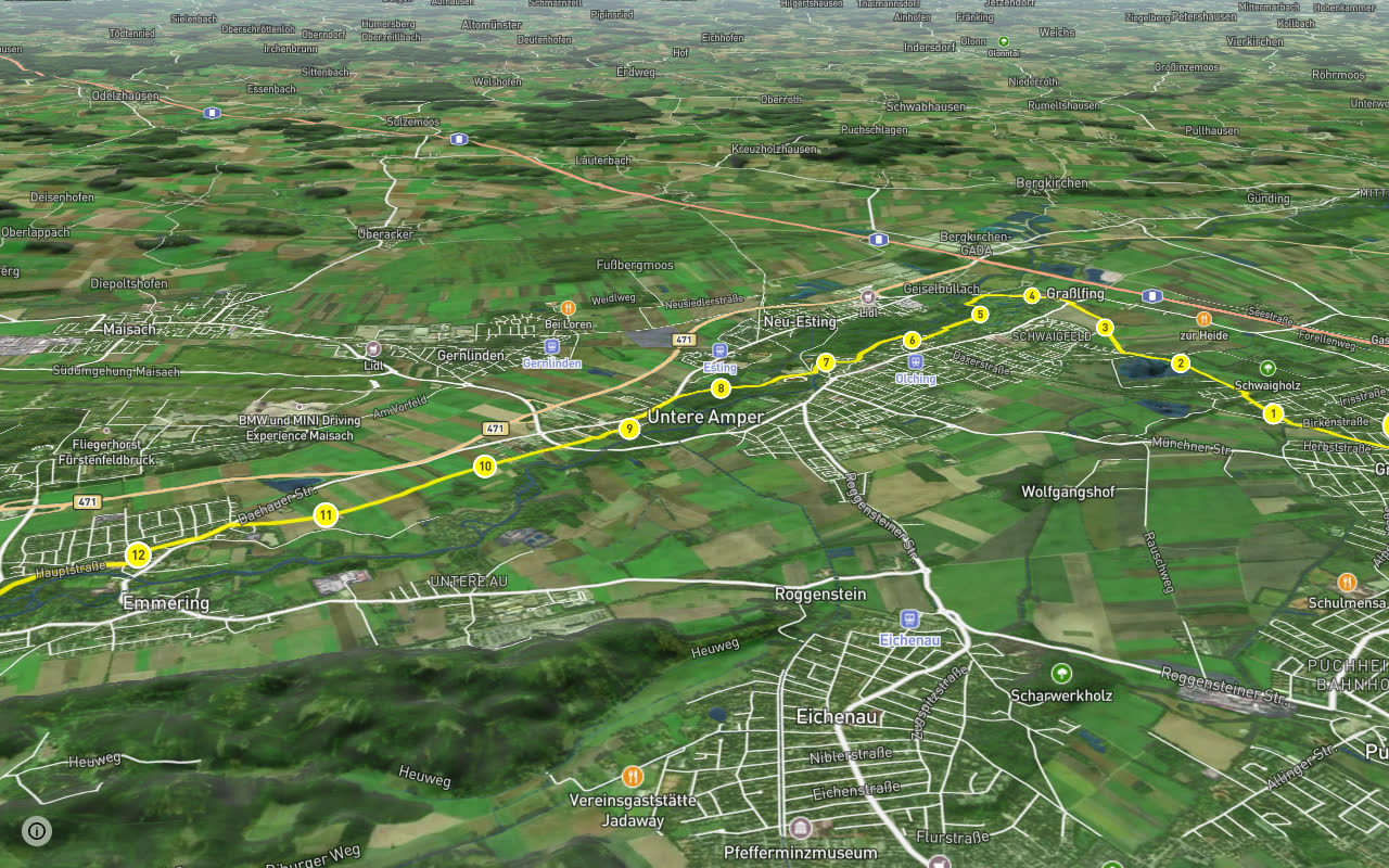 Kunstschleife - Wasser-Radlwege Oberbayern - Abschnitt 10 seen over 3D terrain