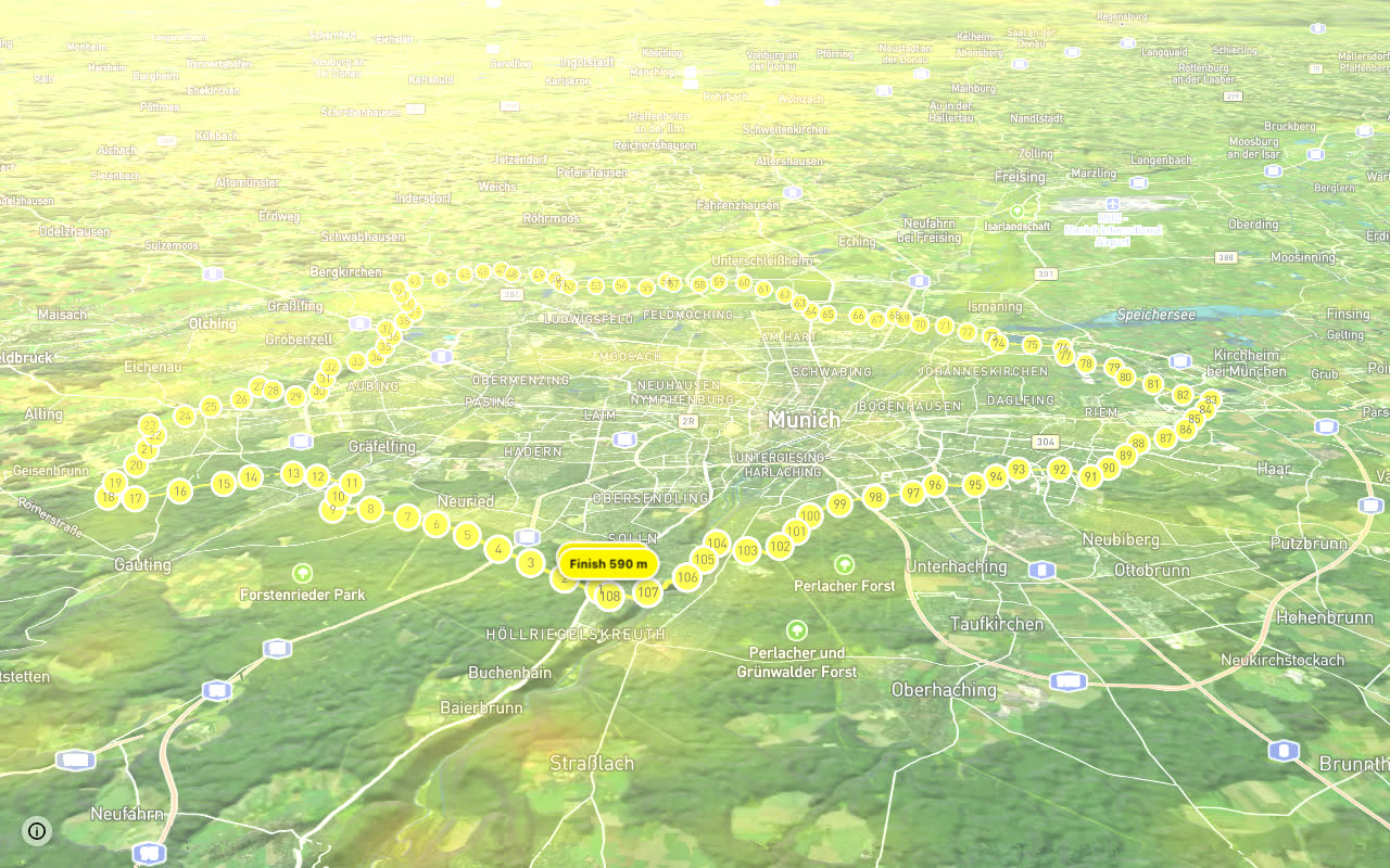Münchner JakobsKirchenWeg - Radroute seen over 3D terrain