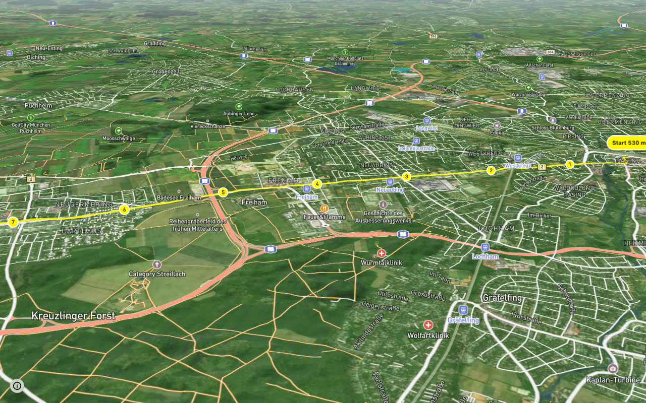 Pasing Bahnhof (S) - Germering (S) seen over 3D terrain